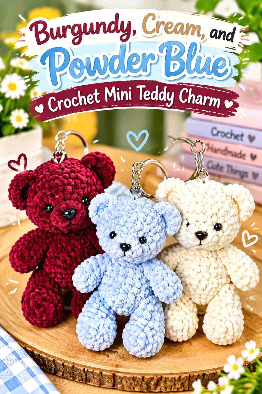 6. Burgundy, Cream, and Powder Blue Crochet Mini Teddy Charm