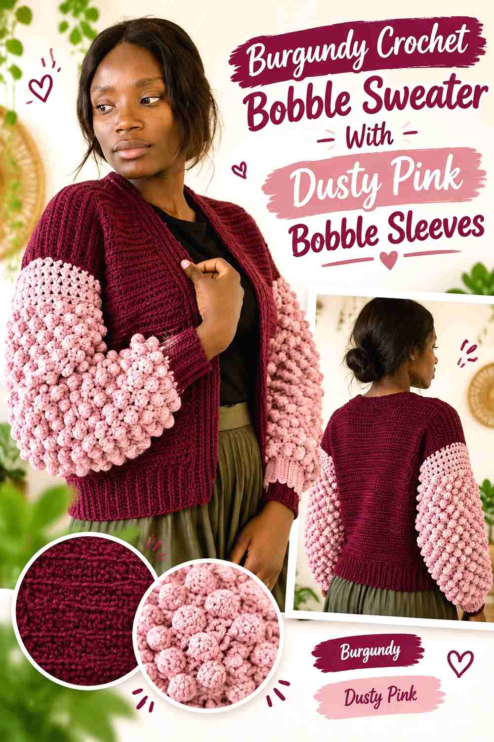 3. Burgundy Crochet Bobble Sweater With Dusty Pink Bobble Sleeves