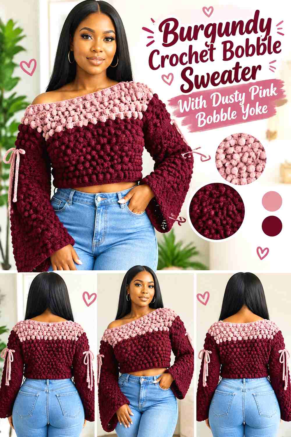 6. Burgundy Crochet Bobble Sweater With Dusty Pink Bobble Yoke