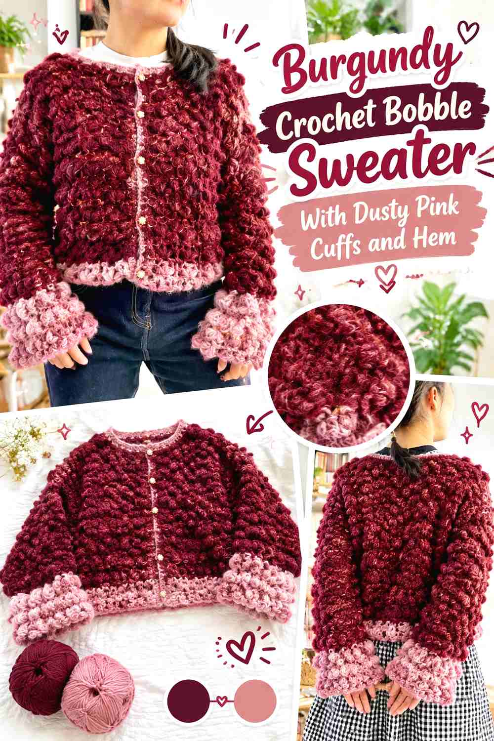 10. Burgundy Crochet Bobble Sweater With Dusty Pink Cuffs and Hem