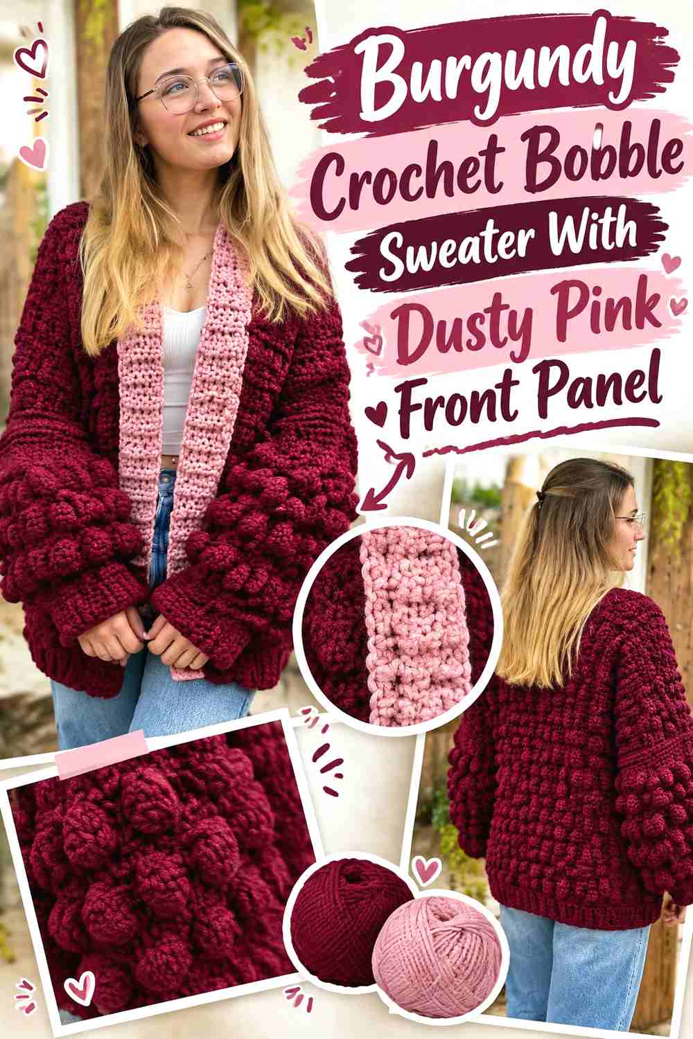 1. Burgundy Crochet Bobble Sweater With Dusty Pink Front Panel