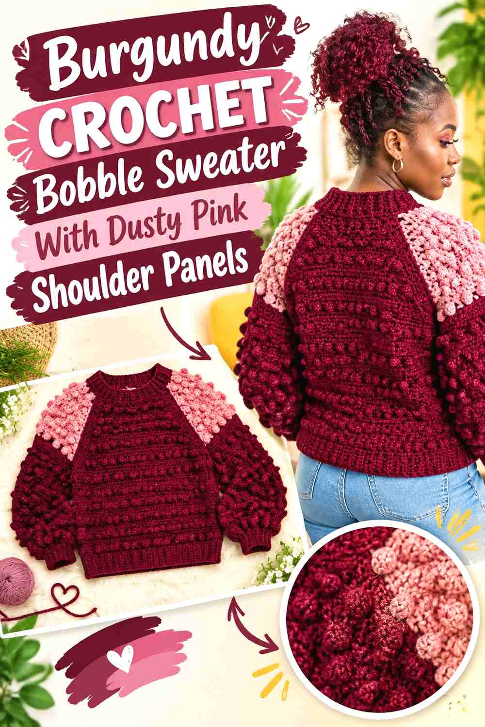 8. Burgundy Crochet Bobble Sweater With Dusty Pink Shoulder Panels
