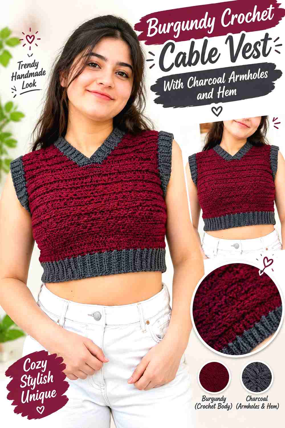 12. Burgundy Crochet Cable Vest With Charcoal Armholes and Hem