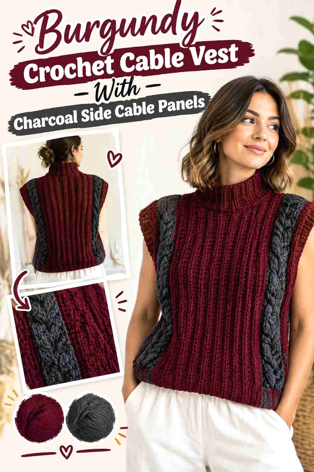 3. Burgundy Crochet Cable Vest With Charcoal Side Cable Panels