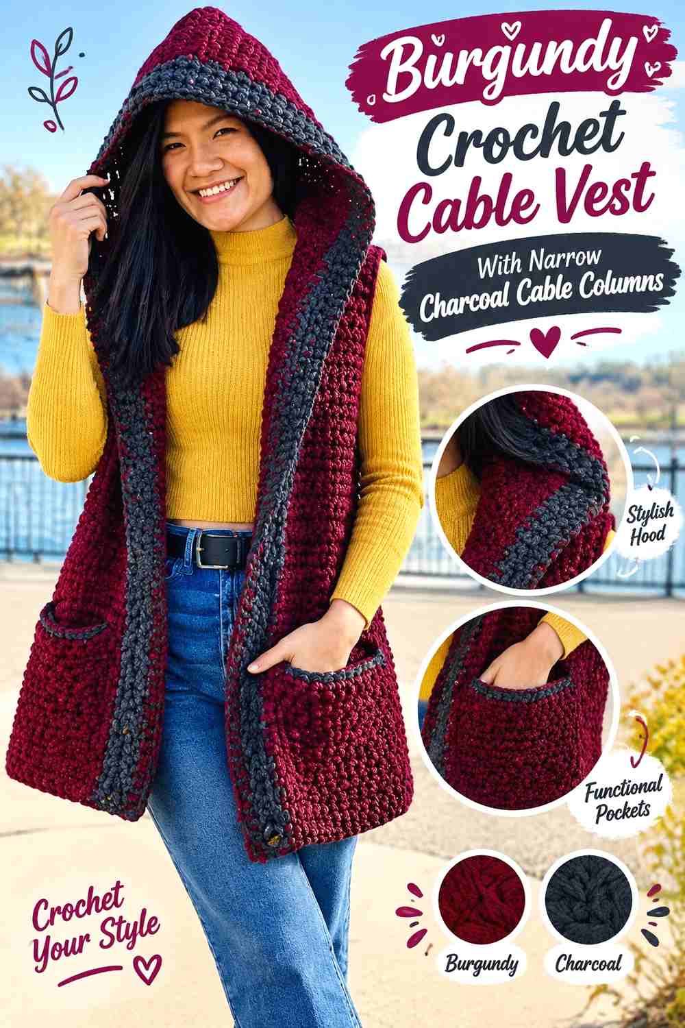 7. Burgundy Crochet Cable Vest With Narrow Charcoal Cable Columns