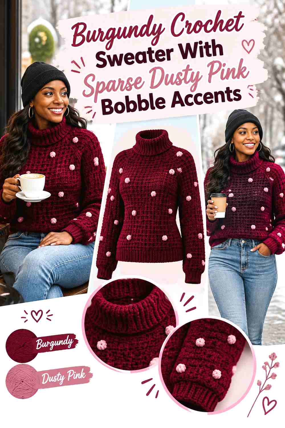 18. Burgundy Crochet Sweater With Sparse Dusty Pink Bobble Accents