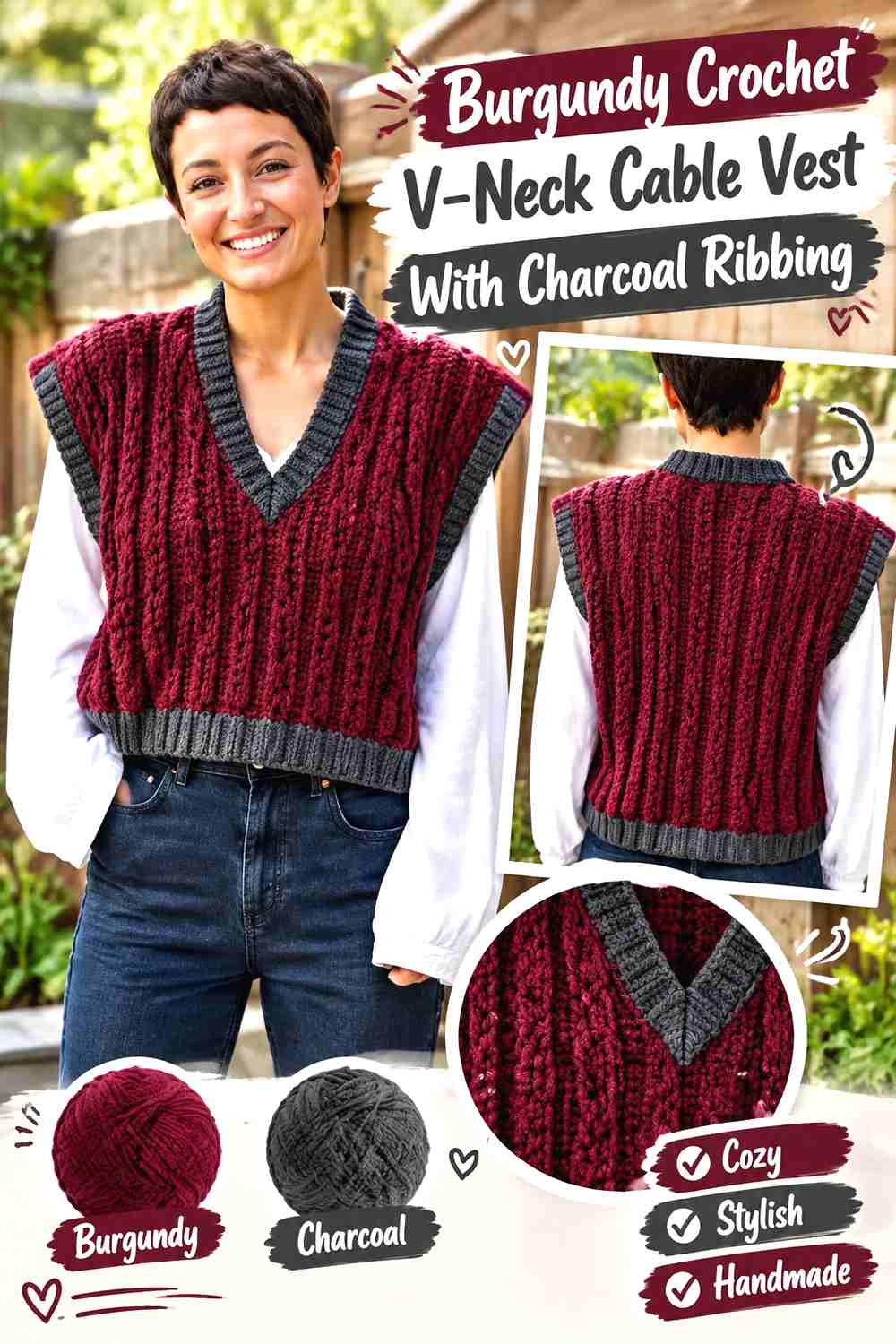 5. Burgundy Crochet V-Neck Cable Vest With Charcoal Ribbing