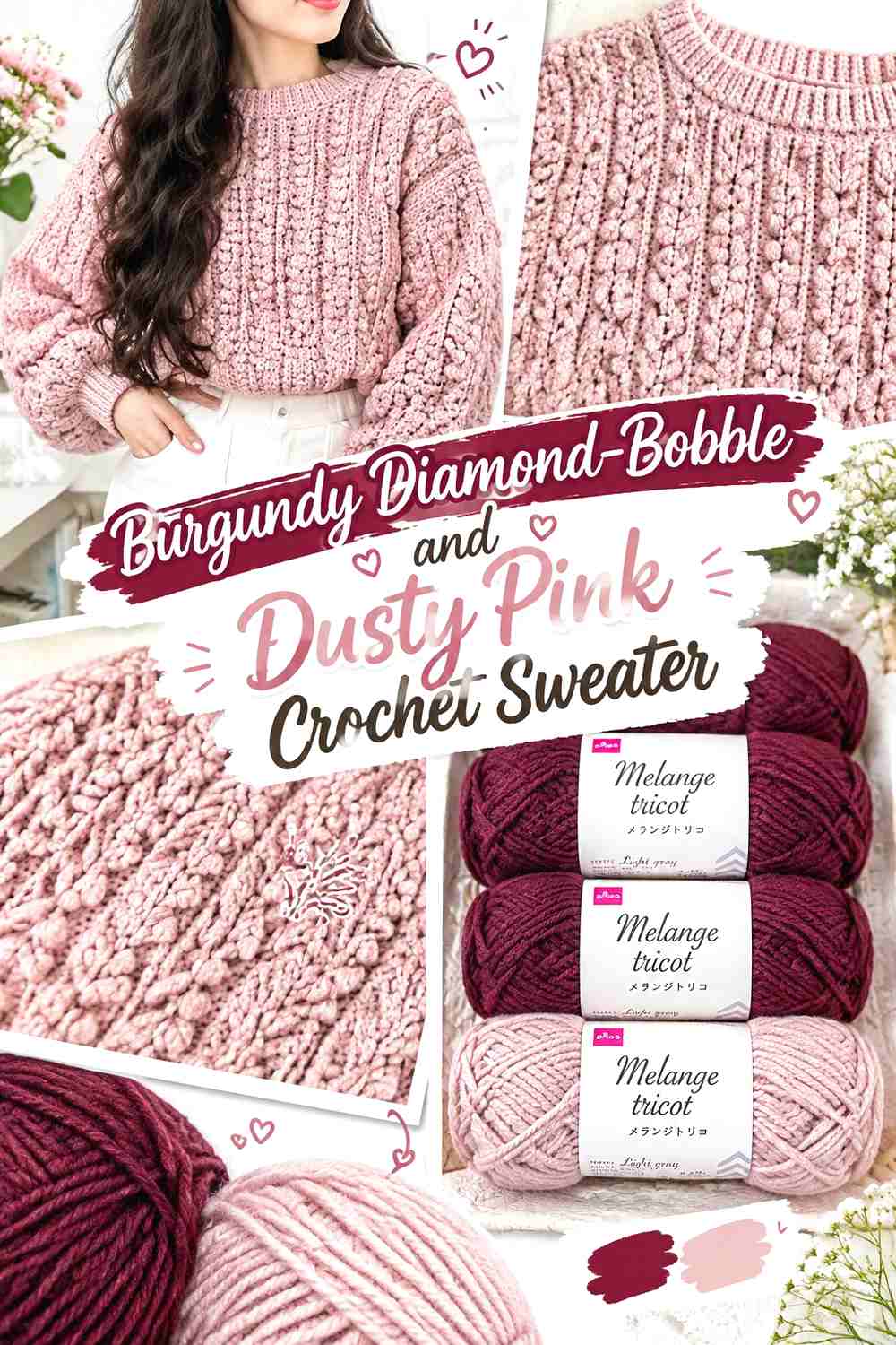 12. Burgundy Diamond-Bobble and Dusty Pink Crochet Sweater