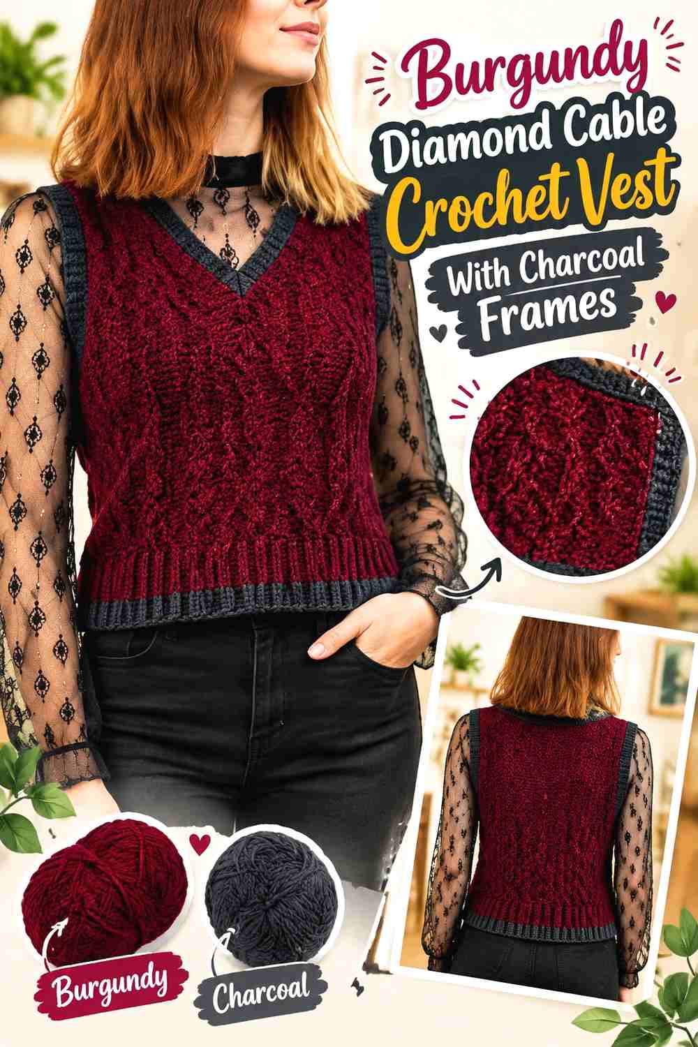 9. Burgundy Diamond Cable Crochet Vest With Charcoal Frames