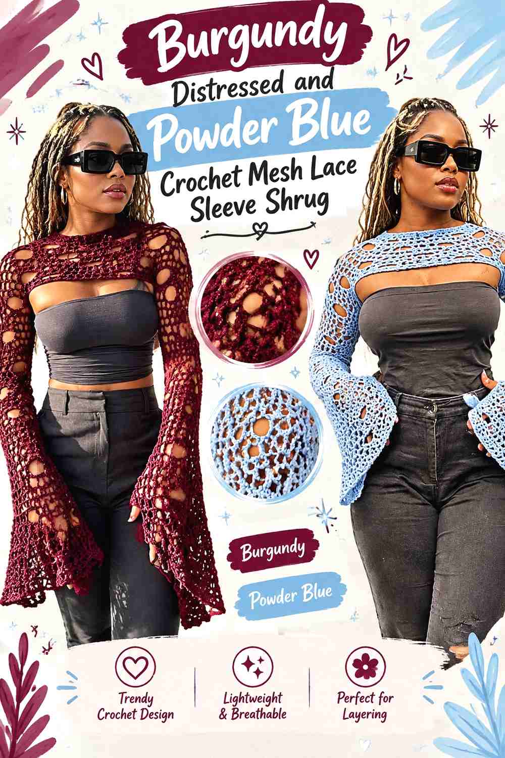 11. Burgundy Distressed and Powder Blue Crochet Mesh Lace Sleeve Shrug