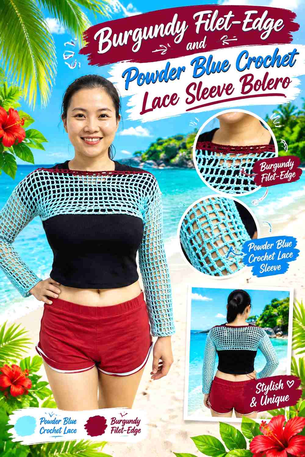 9. Burgundy Filet-Edge and Powder Blue Crochet Lace Sleeve Bolero
