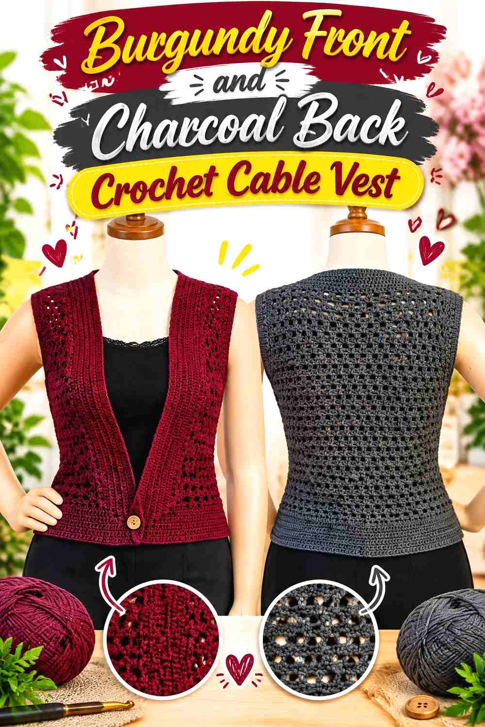 11. Burgundy Front and Charcoal Back Crochet Cable Vest