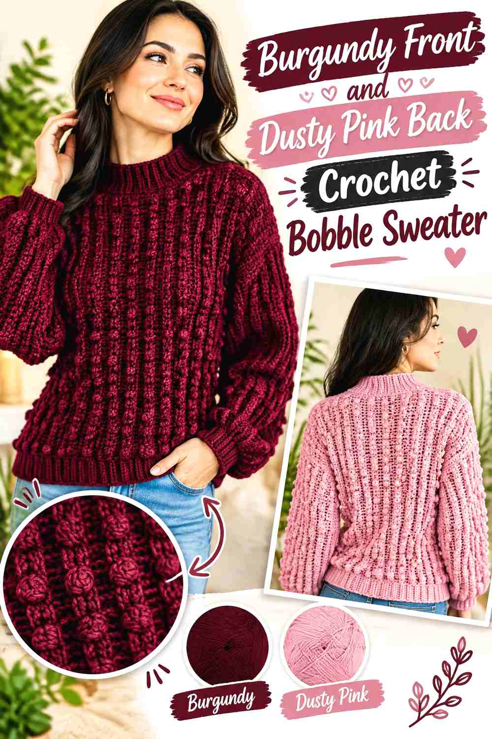 14. Burgundy Front and Dusty Pink Back Crochet Bobble Sweater