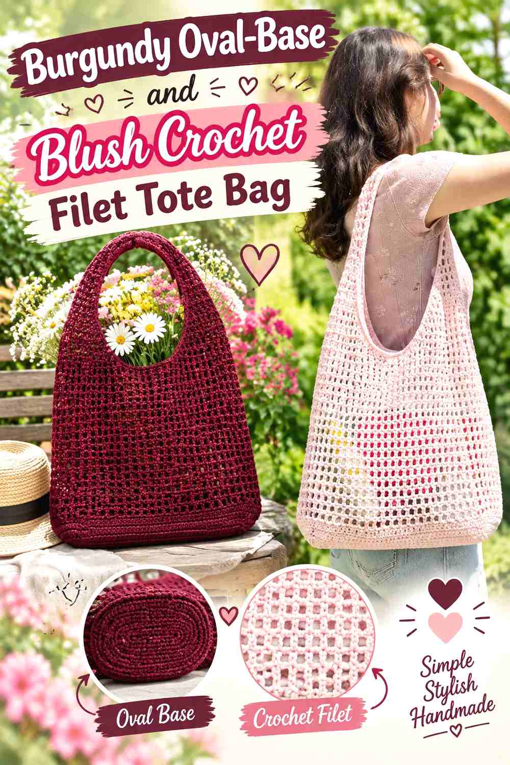 5. Burgundy Oval-Base and Blush Crochet Filet Tote Bag