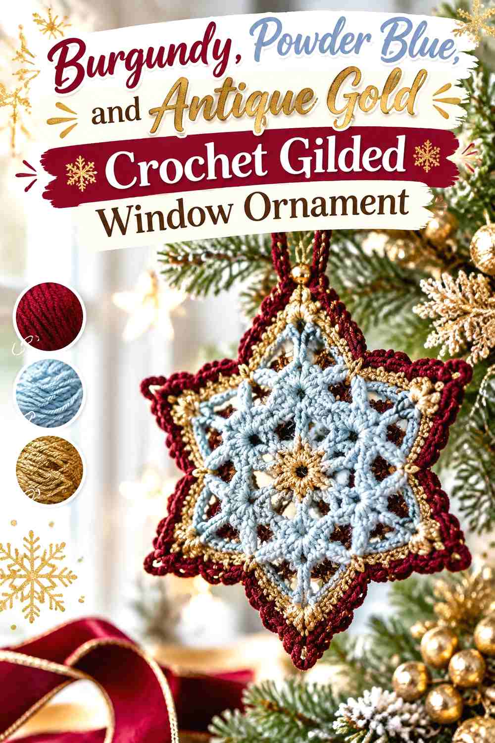 9. Burgundy, Powder Blue, and Antique Gold Crochet Gilded Window Ornament