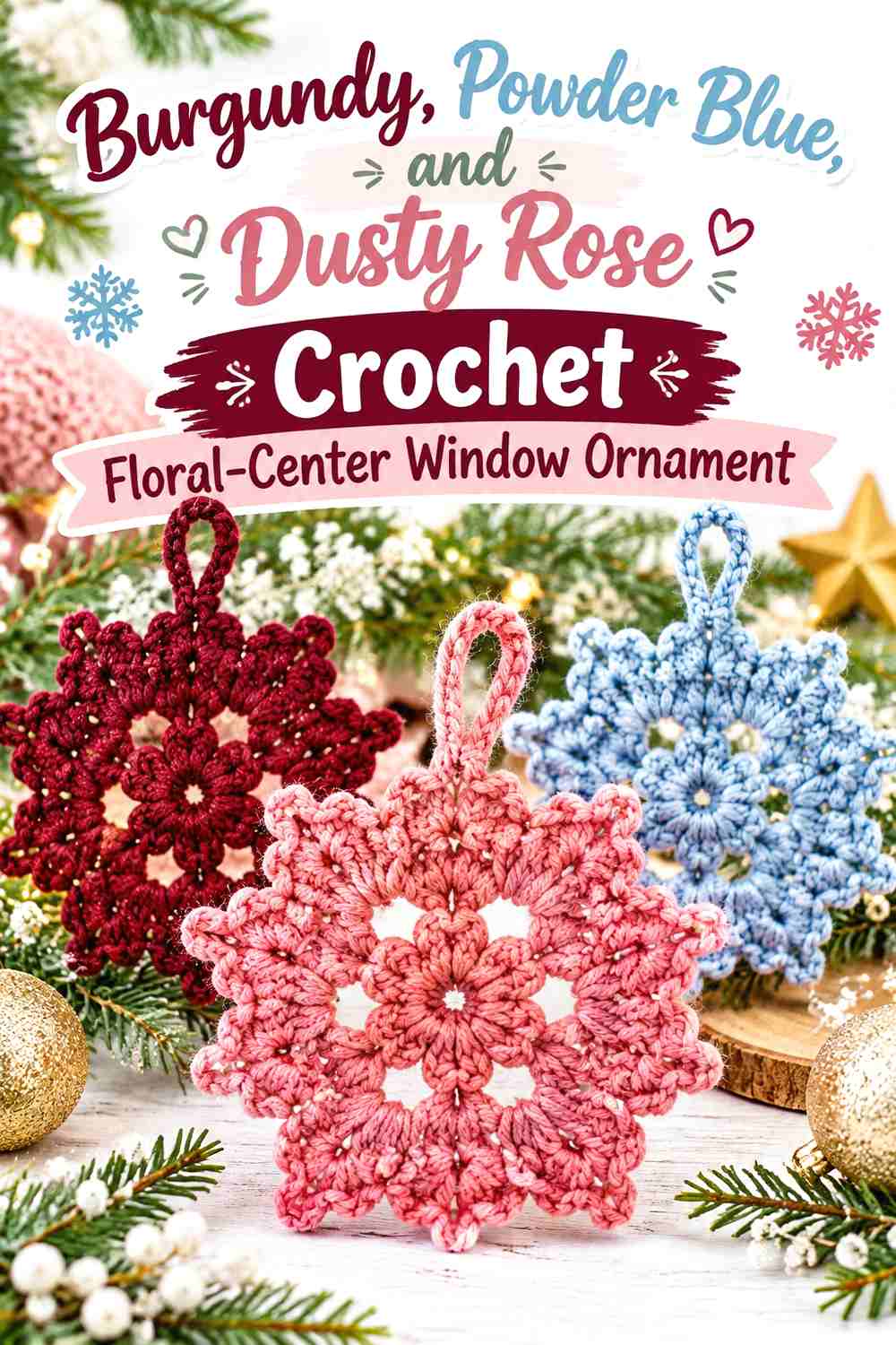 8. Burgundy, Powder Blue, and Dusty Rose Crochet Floral-Center Window Ornament