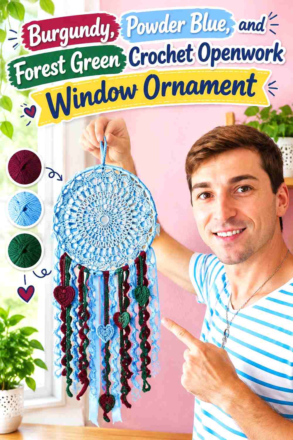18. Burgundy, Powder Blue, and Forest Green Crochet Openwork Window Ornament