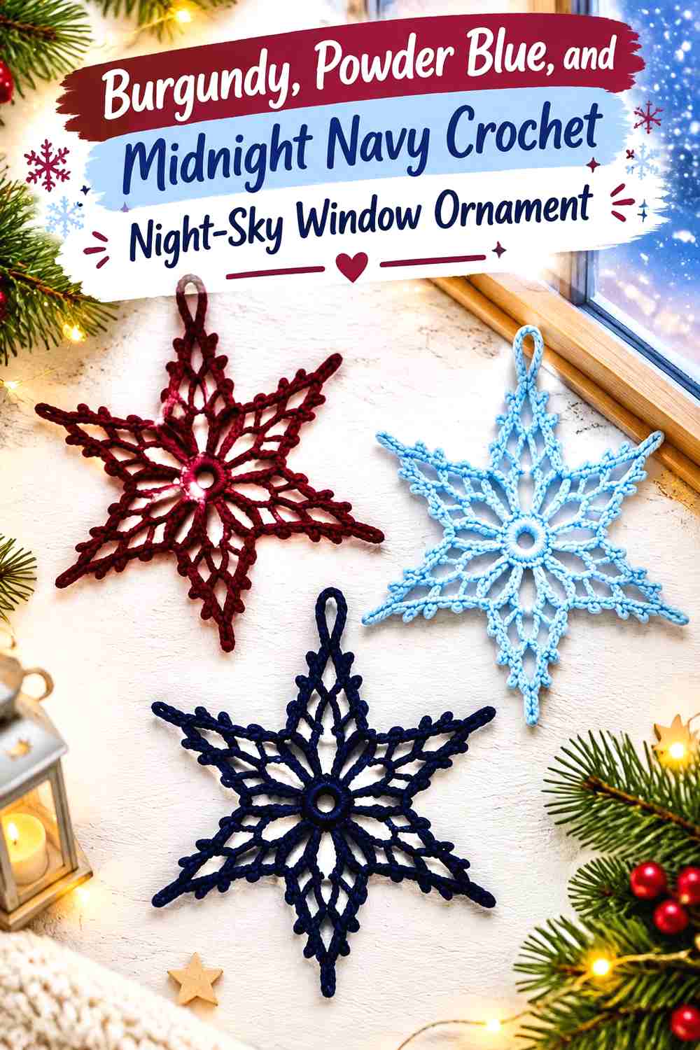 3. Burgundy, Powder Blue, and Midnight Navy Crochet Night-Sky Window Ornament