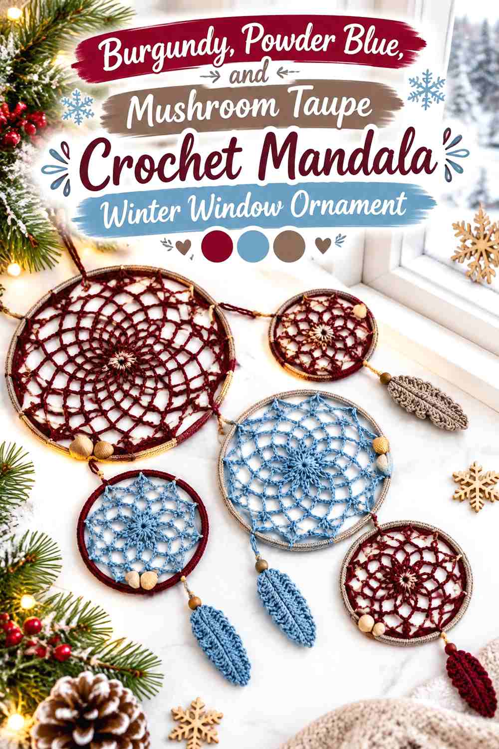19. Burgundy, Powder Blue, and Mushroom Taupe Crochet Mandala Winter Window Ornament