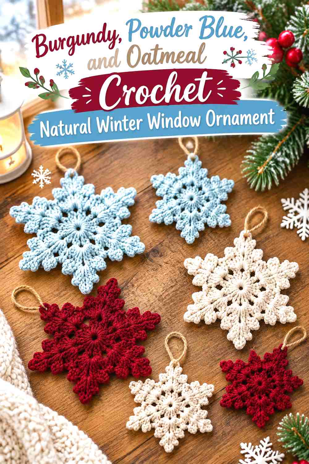10. Burgundy, Powder Blue, and Oatmeal Crochet Natural Winter Window Ornament