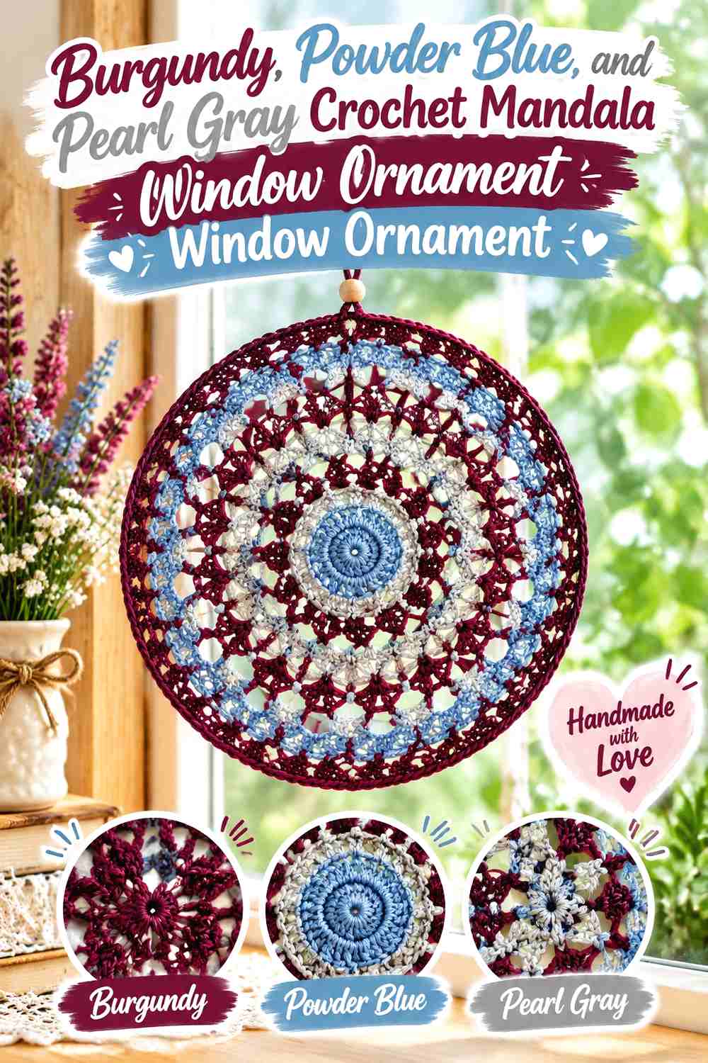 15. Burgundy, Powder Blue, and Pearl Gray Crochet Mandala Window Ornament