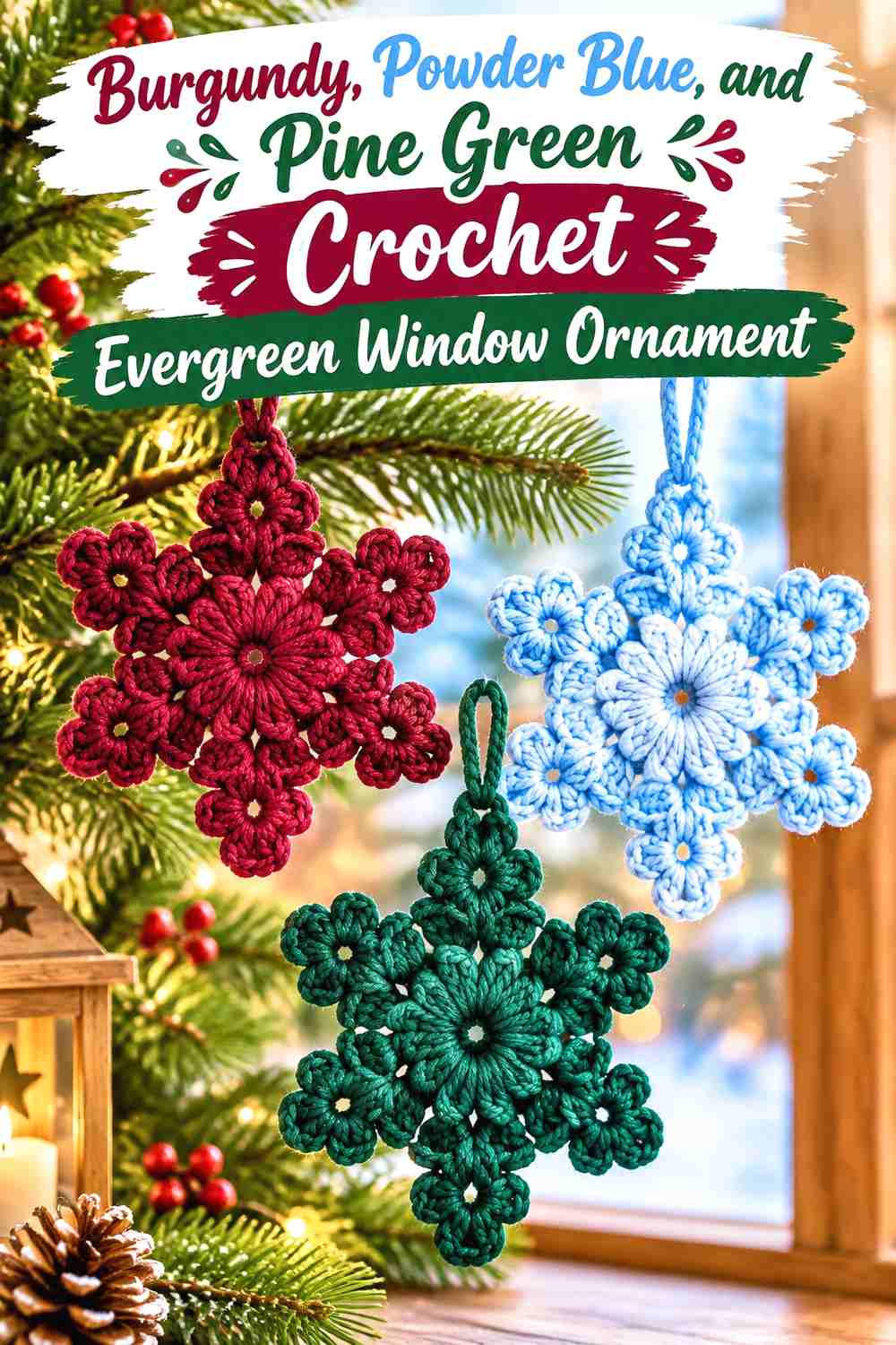 6. Burgundy, Powder Blue, and Pine Green Crochet Evergreen Window Ornament
