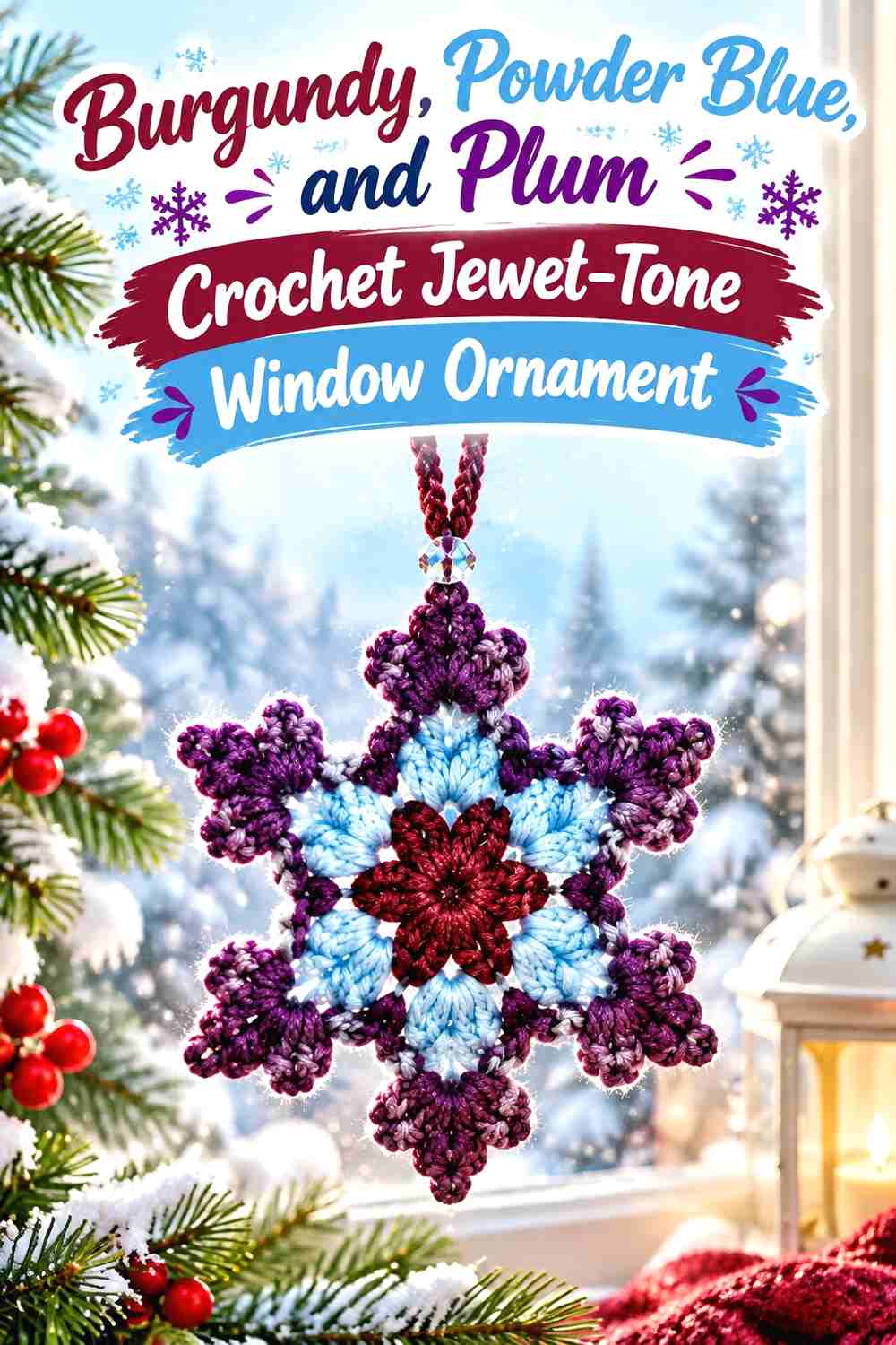 12. Burgundy, Powder Blue, and Plum Crochet Jewel-Tone Window Ornament