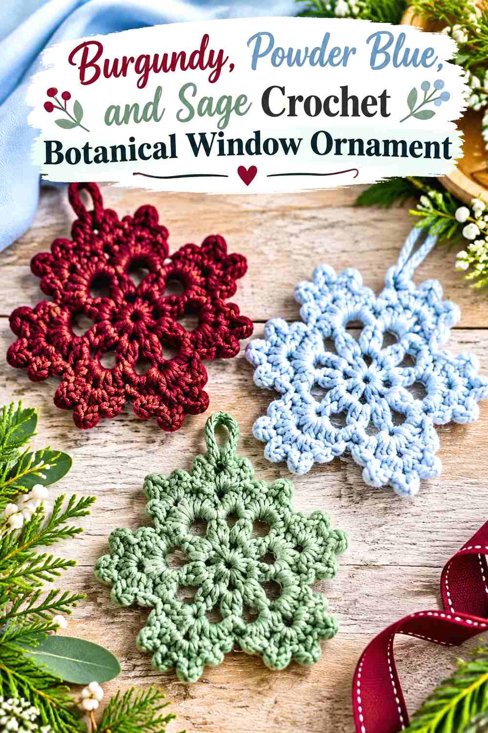 13. Burgundy, Powder Blue, and Sage Crochet Botanical Window Ornament