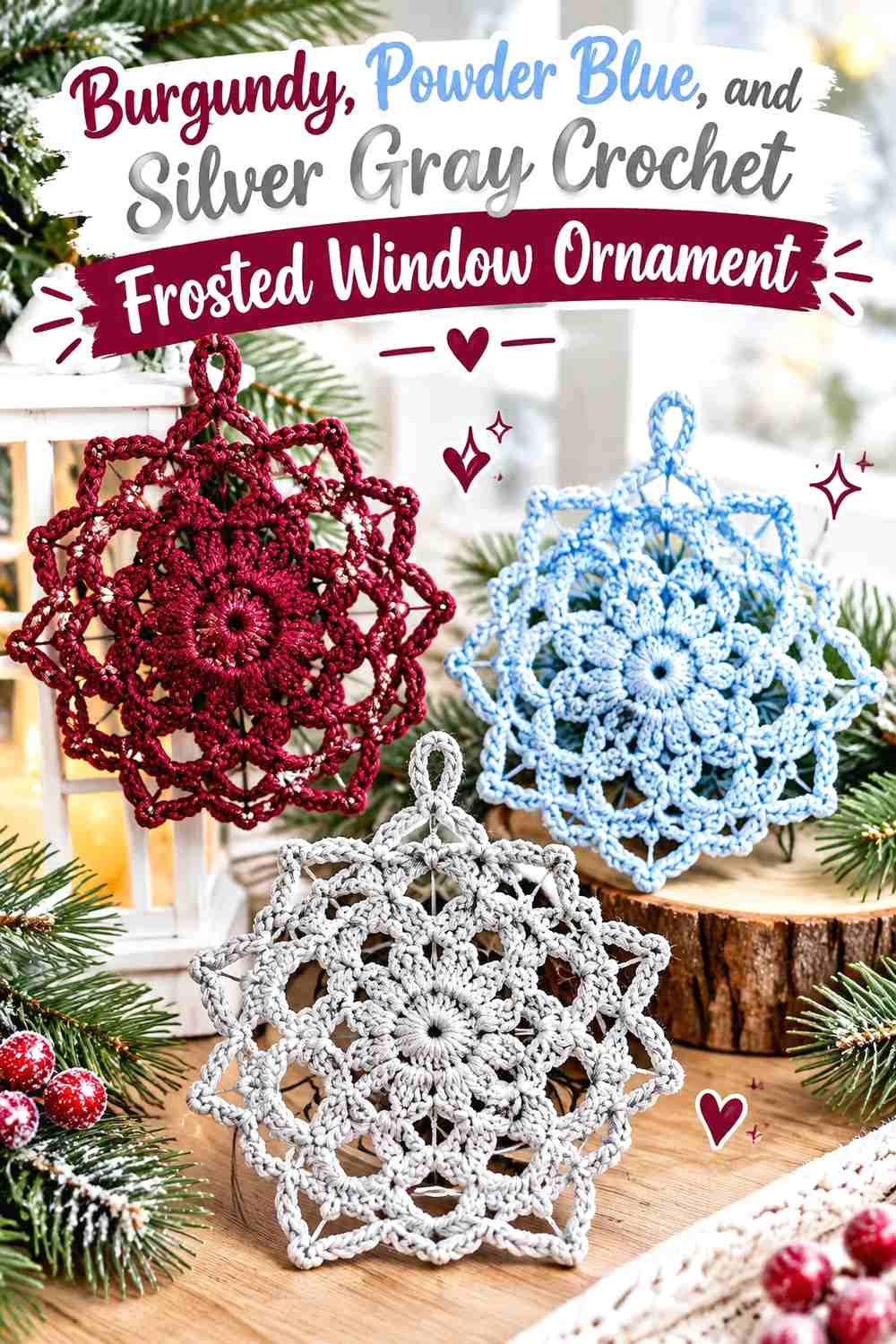 2. Burgundy, Powder Blue, and Silver Gray Crochet Frosted Window Ornament