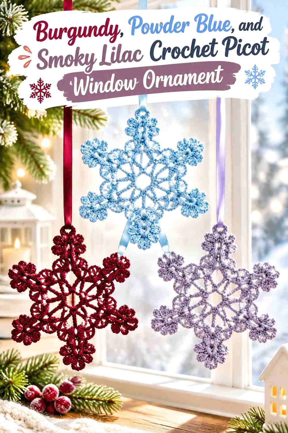 5. Burgundy, Powder Blue, and Smoky Lilac Crochet Picot Window Ornament
