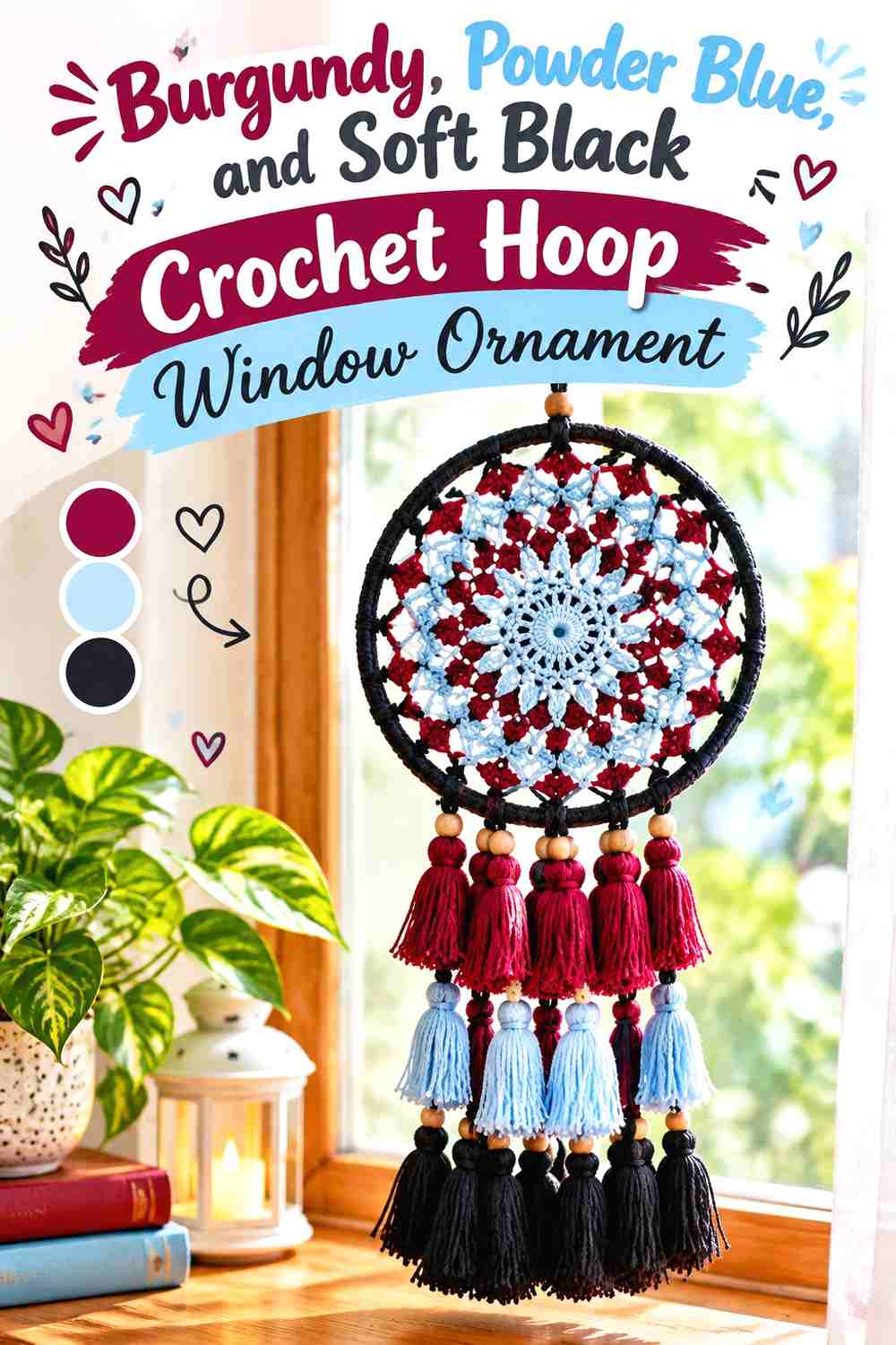 16. Burgundy, Powder Blue, and Soft Black Crochet Hoop Window Ornament