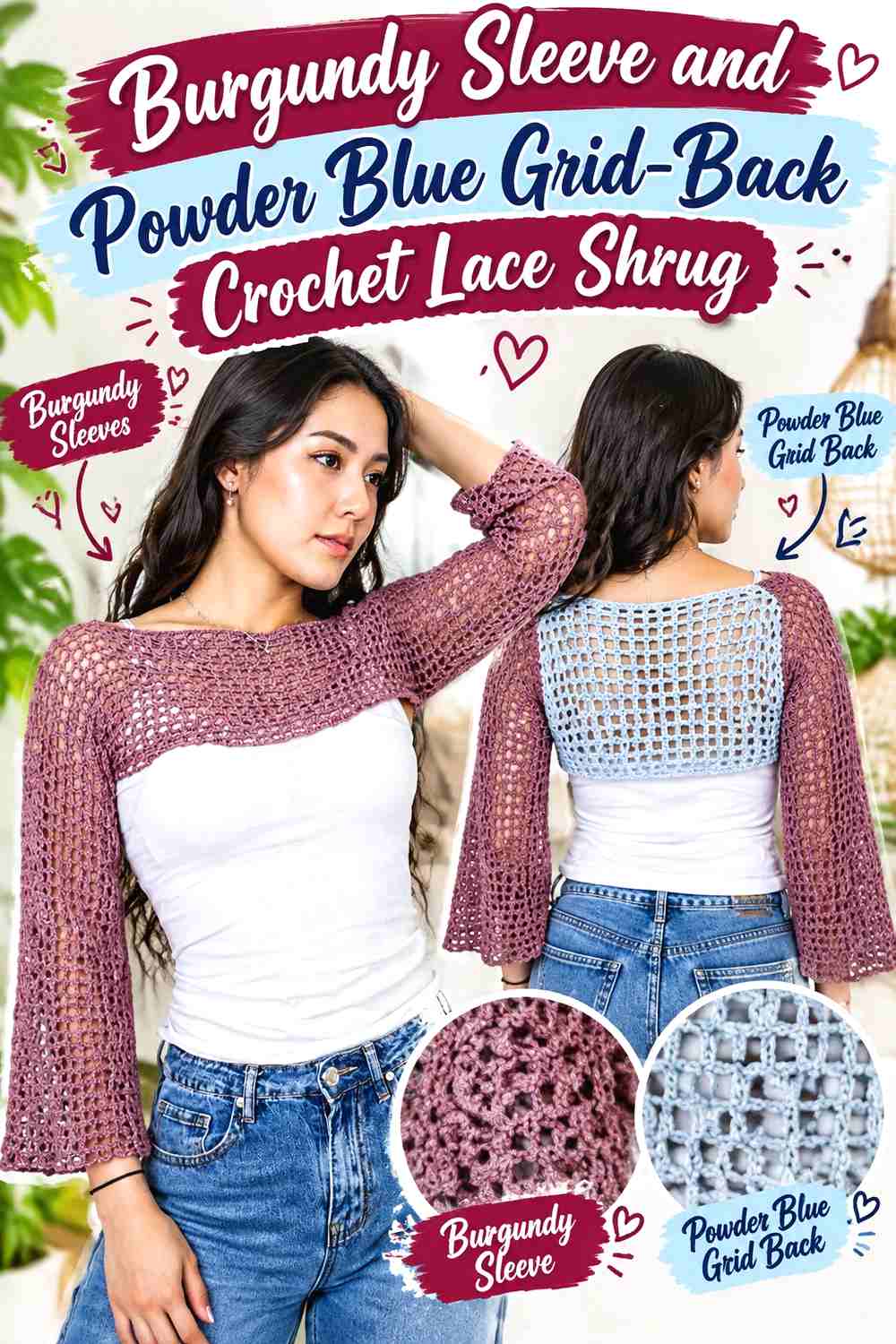7. Burgundy Sleeve and Powder Blue Grid-Back Crochet Lace Shrug