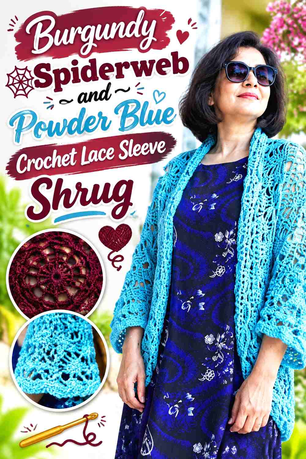 4. Burgundy Spiderweb and Powder Blue Crochet Lace Sleeve Shrug