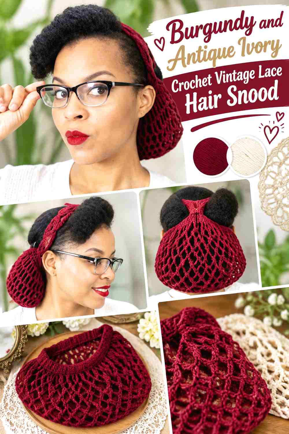 1. Burgundy And Antique Ivory Crochet Vintage Lace Hair Snood