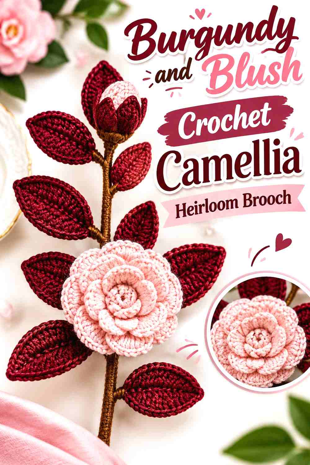 15. Burgundy And Blush Crochet Camellia Heirloom Brooch