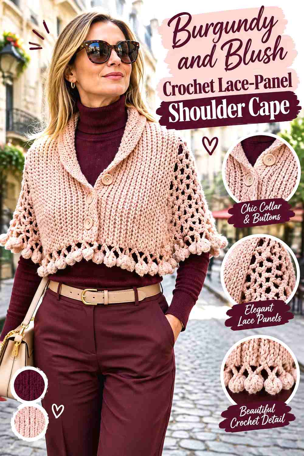 3. Burgundy And Blush Crochet Lace Panel Shoulder Cape