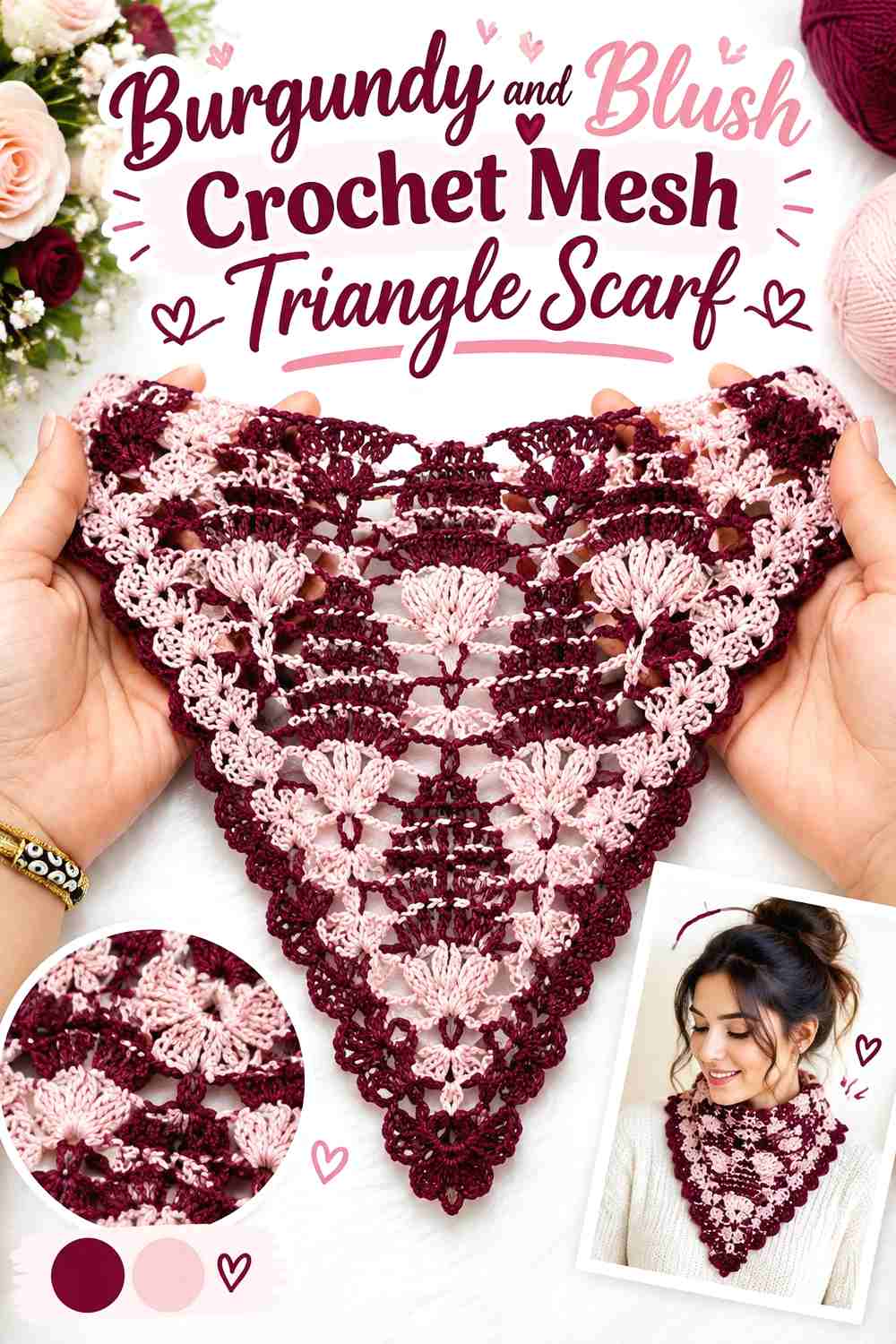 3. Burgundy And Blush Crochet Mesh Triangle Scarf