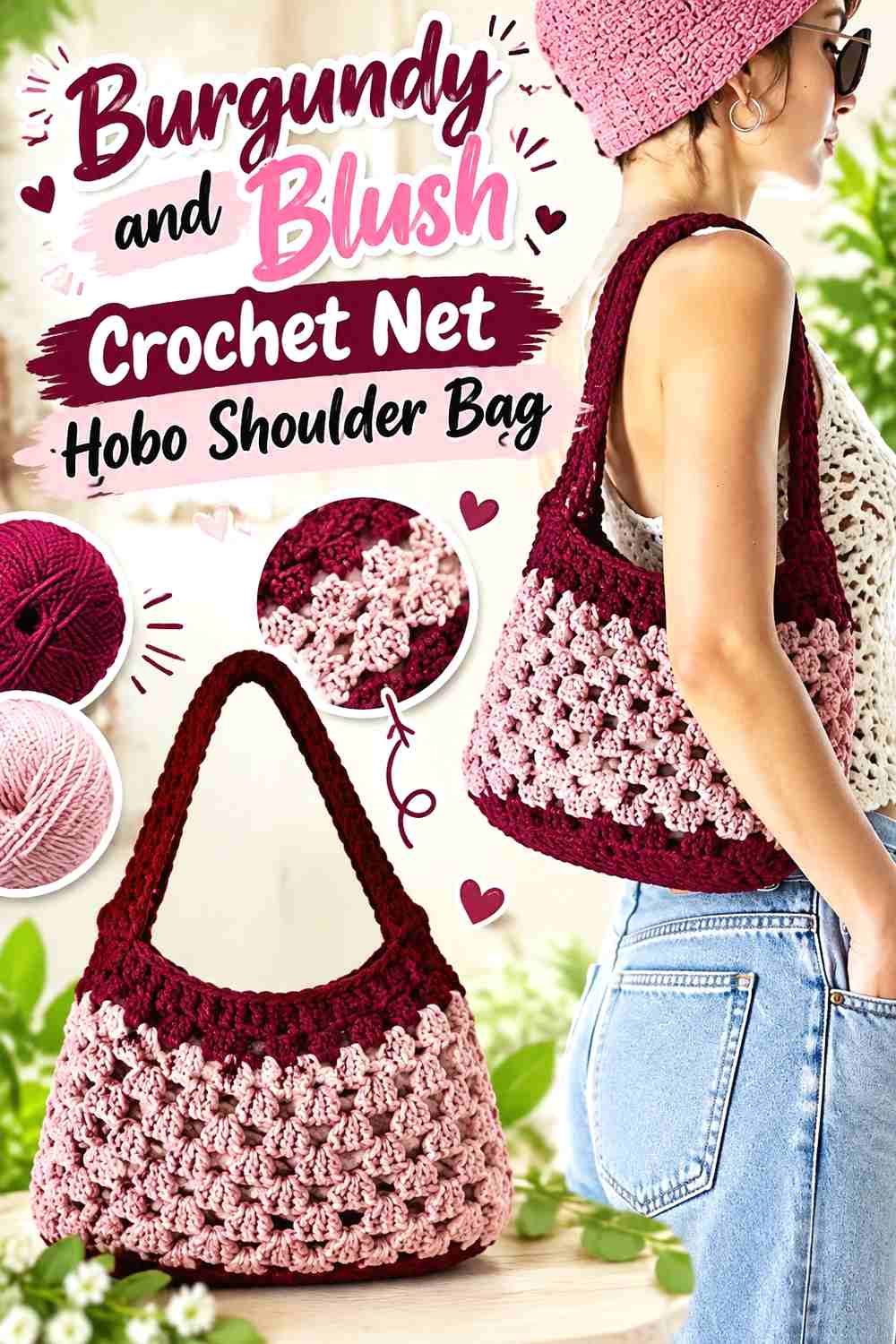 13. Burgundy and Blush Crochet Net Hobo Shoulder Bag