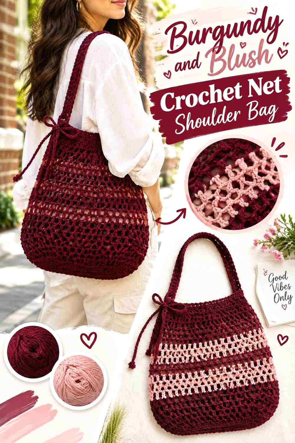 7. Burgundy and Blush Crochet Net Shoulder Bag
