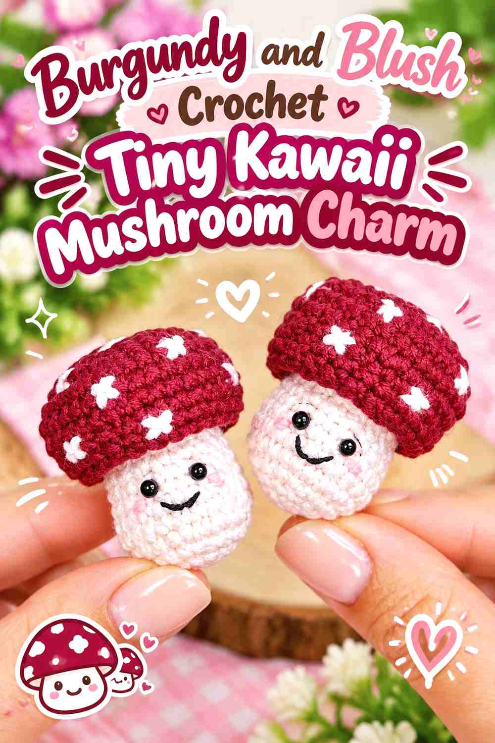 5. Burgundy And Blush Crochet Tiny Kawaii Mushroom Charm