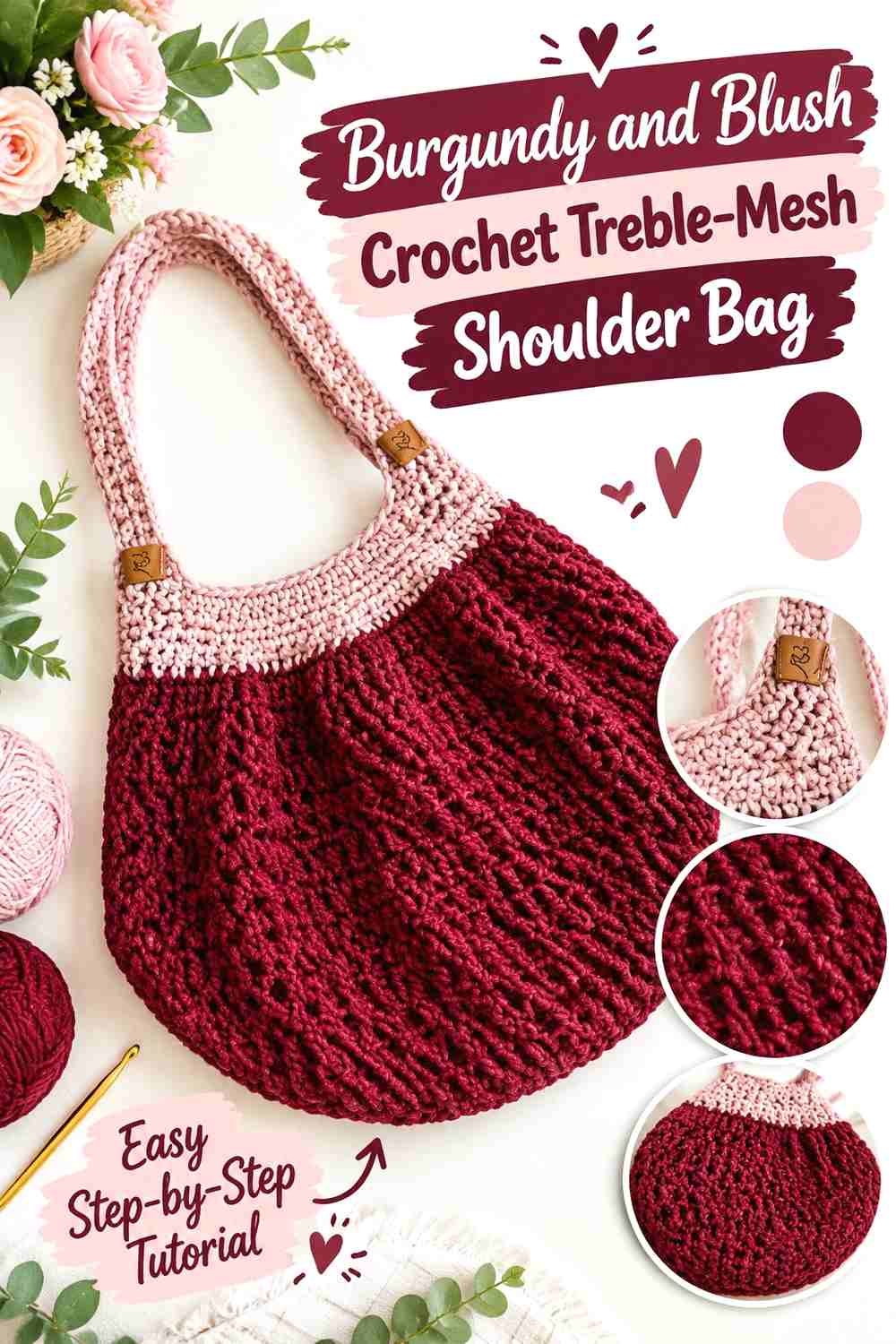 9. Burgundy and Blush Crochet Treble-Mesh Shoulder Bag