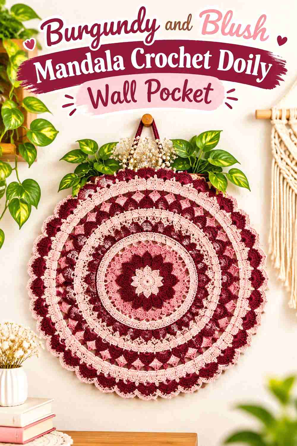 2. Burgundy And Blush Mandala Crochet Doily Wall Pocket