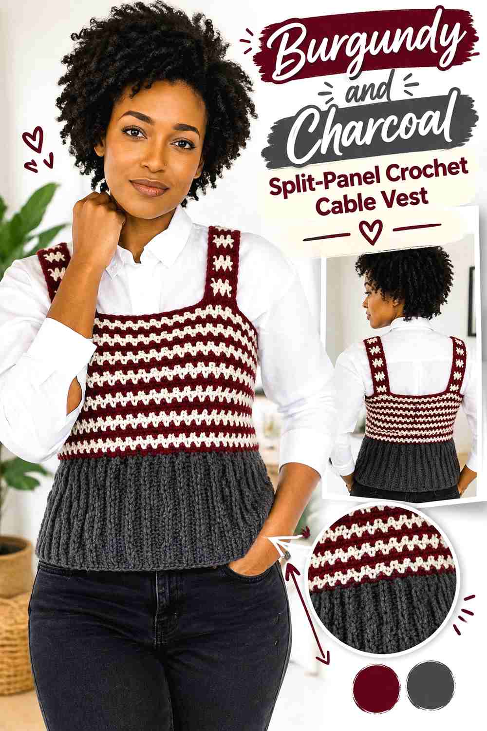 13. Burgundy and Charcoal Split-Panel Crochet Cable Vest