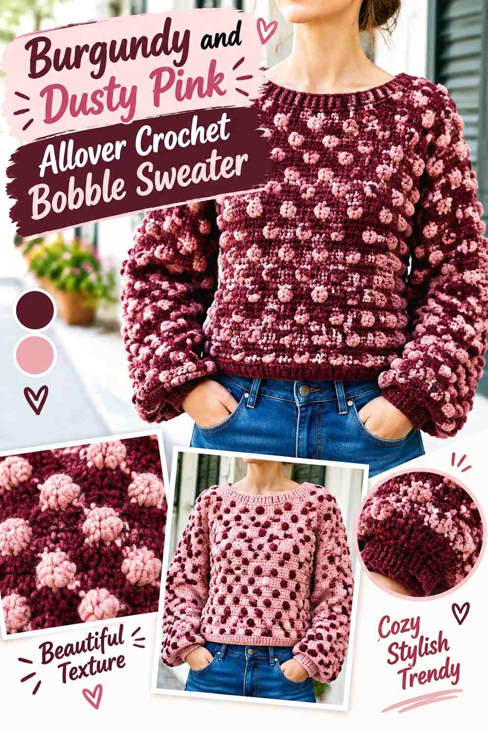 5. Burgundy and Dusty Pink Allover Crochet Bobble Sweater
