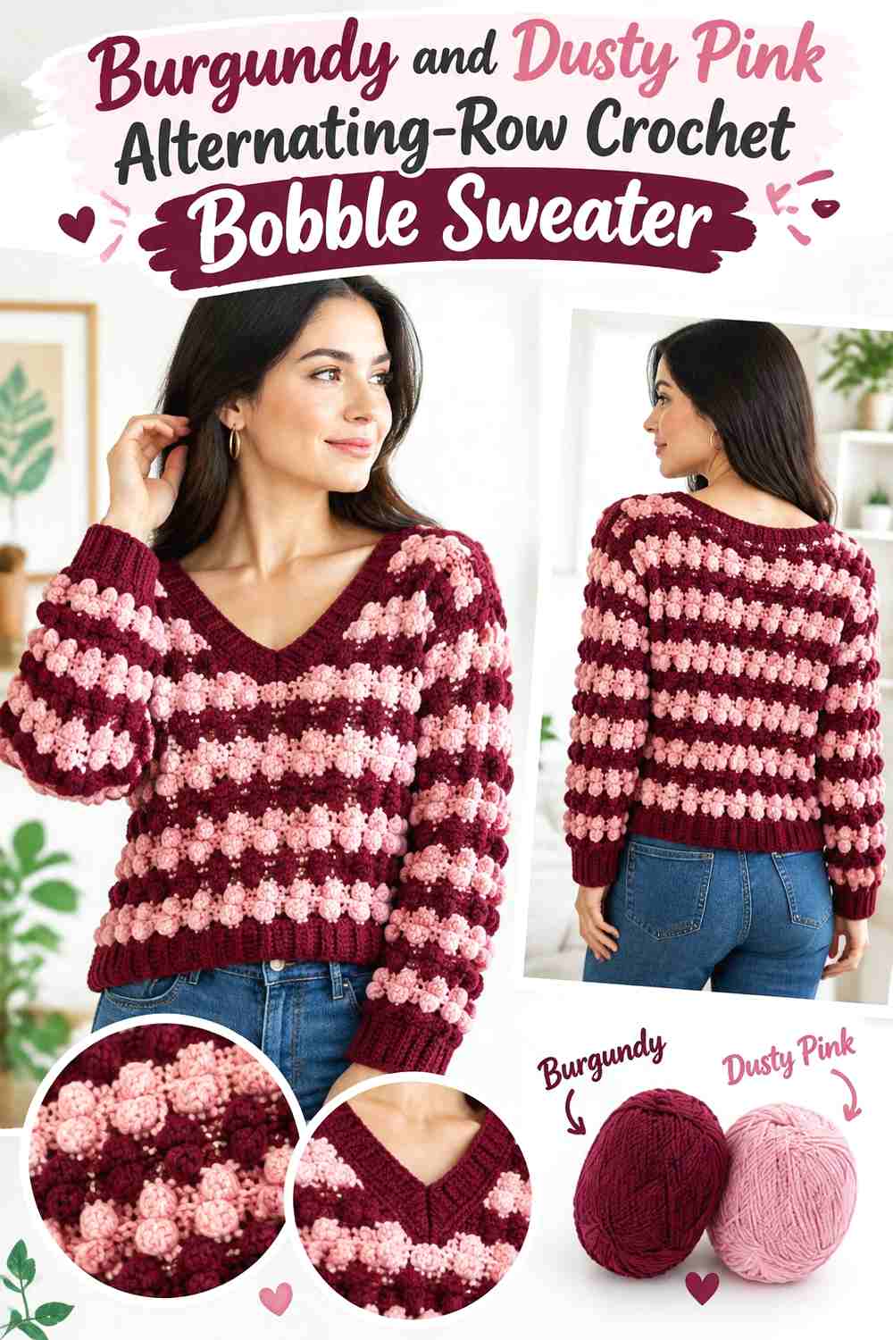 16. Burgundy and Dusty Pink Alternating-Row Crochet Bobble Sweater