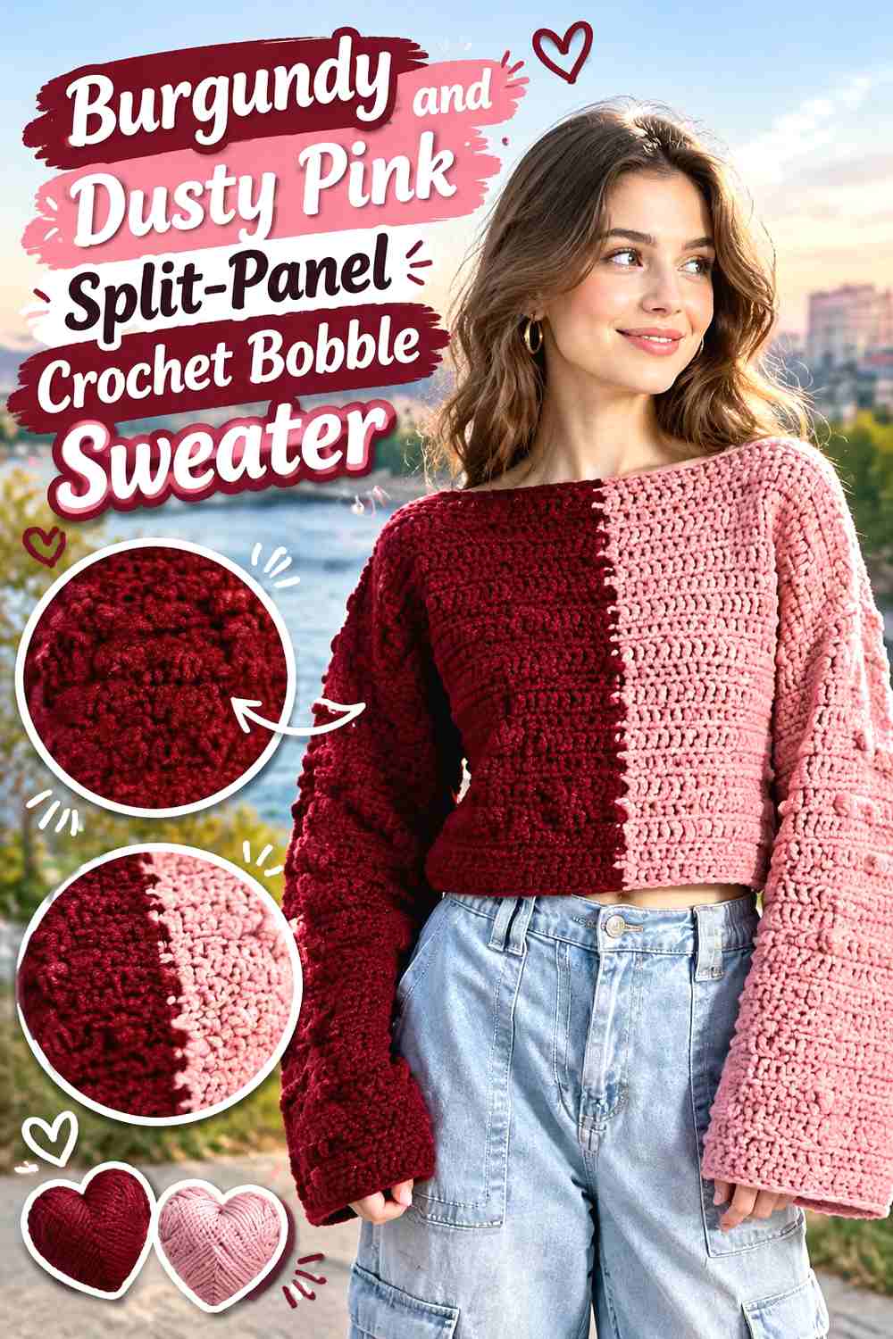 17. Burgundy and Dusty Pink Split-Panel Crochet Bobble Sweater