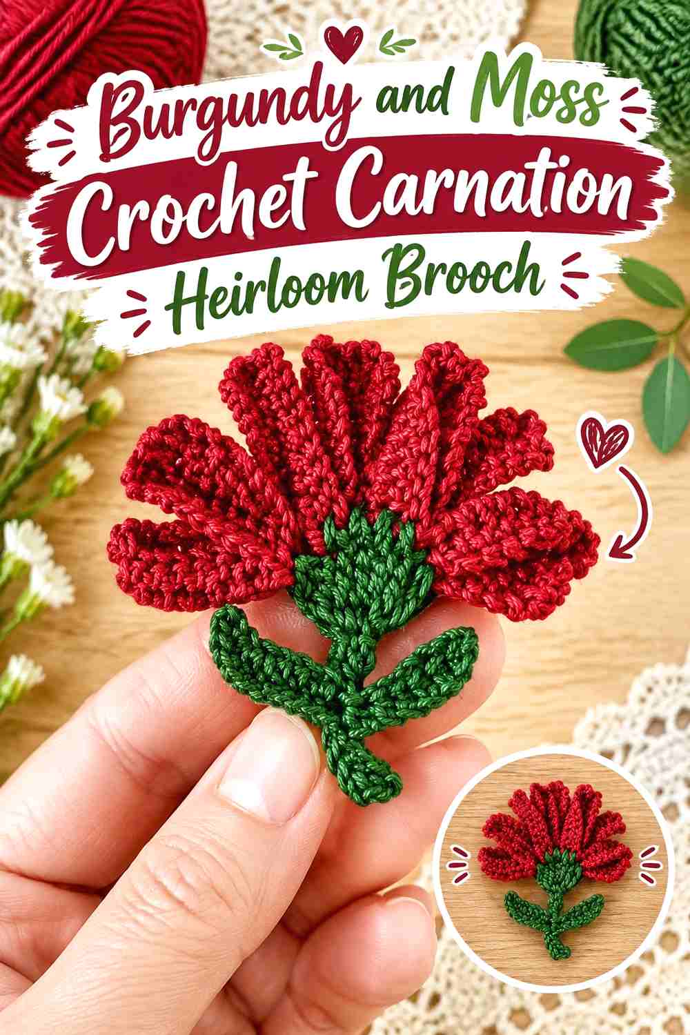 5. Burgundy And Moss Crochet Carnation Heirloom Brooch