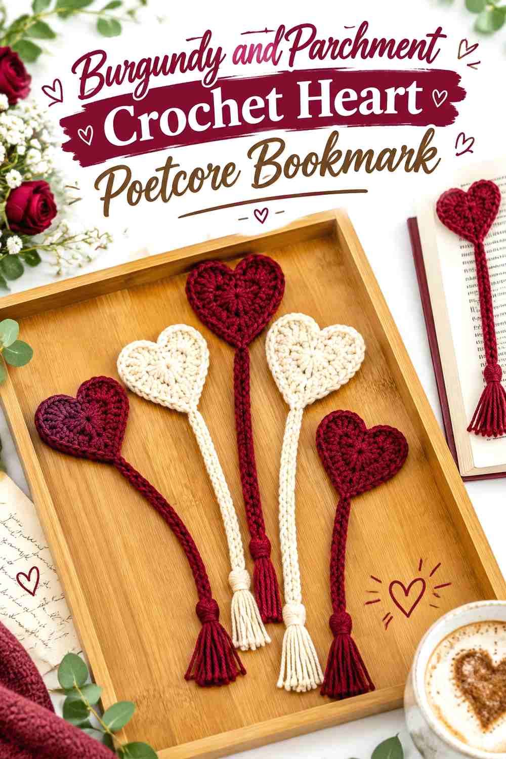 7. Burgundy And Parchment Crochet Heart Poetcore Bookmark