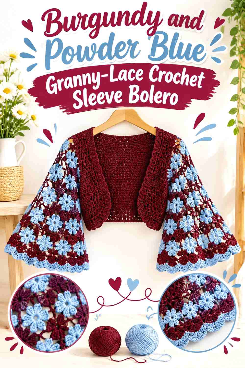 5. Burgundy and Powder Blue Granny-Lace Crochet Sleeve Bolero