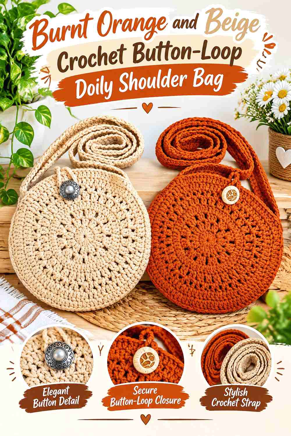 13. Burnt Orange And Beige Crochet Button Loop Doily Shoulder Bag